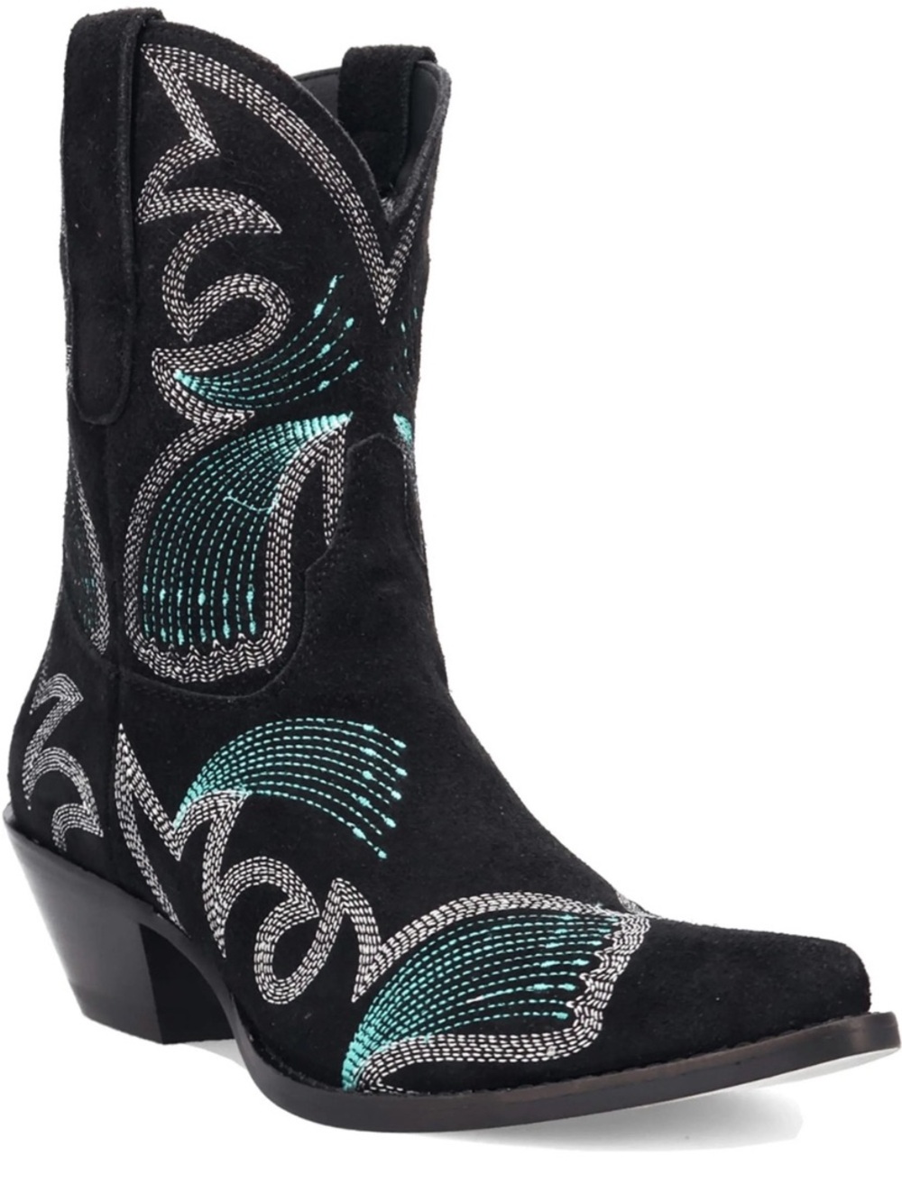 Dingo Black Suede Western Ankle Boots with Teal & Silver Embroidery